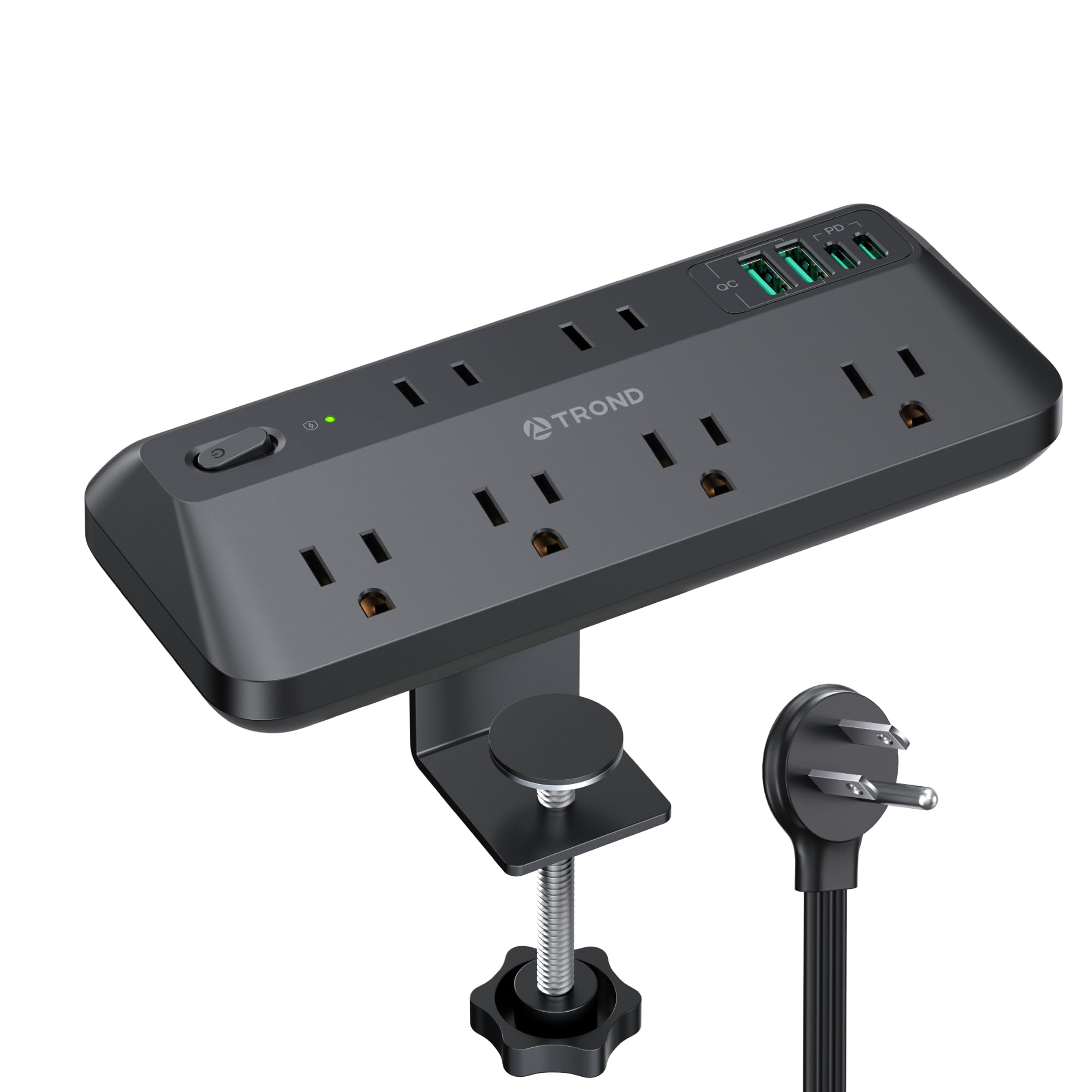 TROND Desk Clamp Power Bar Surge Protector with PD 20W USB C, 6 Outlets Desktop Charging Station, 6ft Flat Plug Extension Cord Indoor, Fit 1.97" Tabletop Edge, ETL Listed, Home Office Supplies, Black
