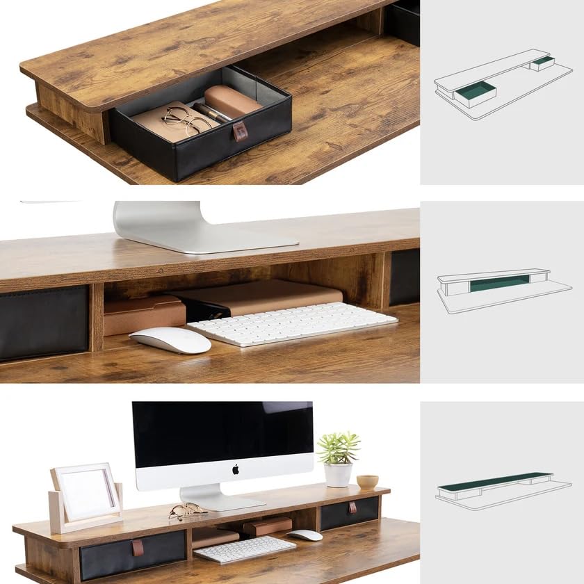 Image of FEZIBO 48 x 24 Inch Whole-Piece Height Adjustable Standing Desk with Double Drawers, Sit Stand Desk, Home Office Stand Up Table with 4 Height-Adjustable Feets & 2 Hooks, Rustic Brown Top