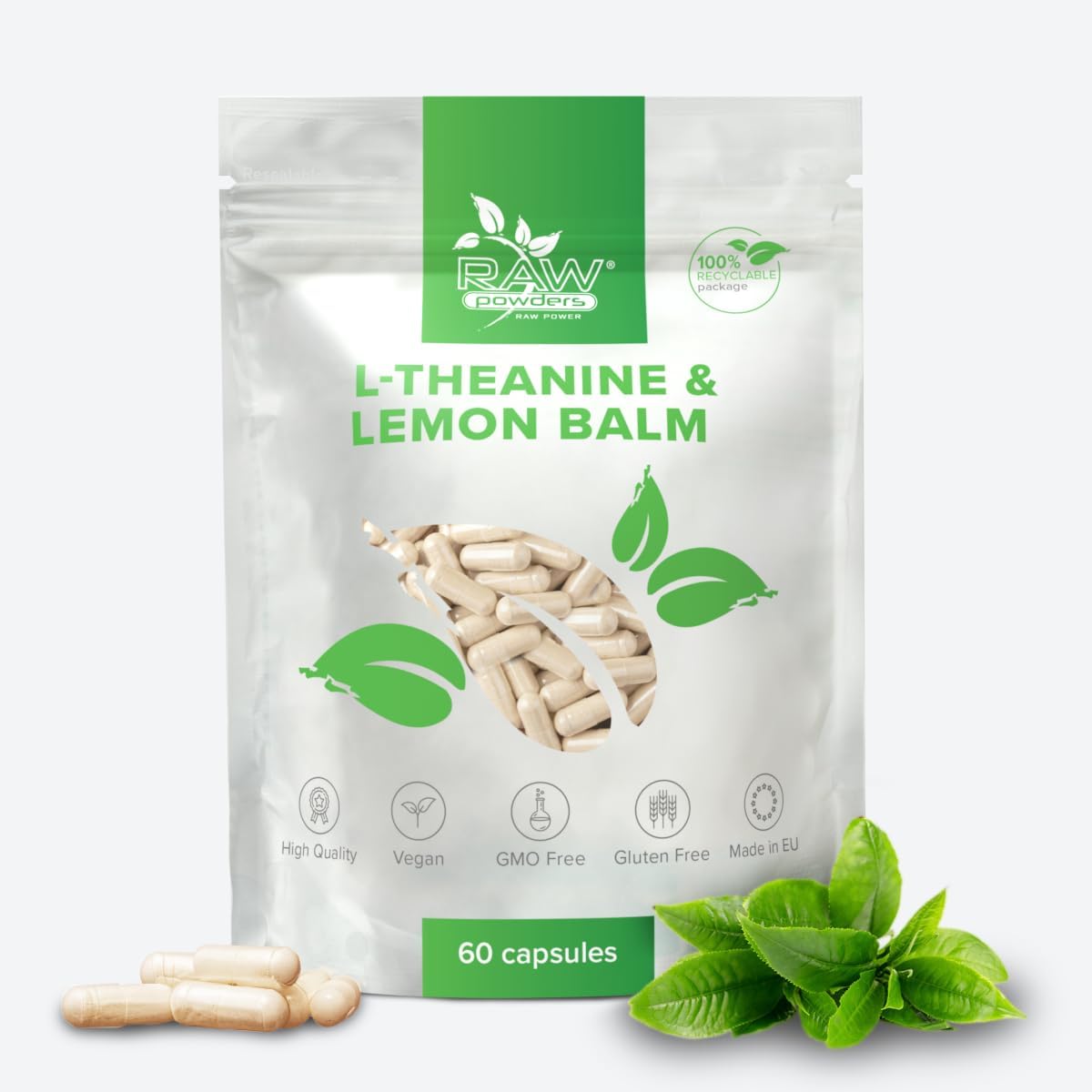 L-Theanine & Lemon Balm, 60 Caps – Relaxation & Stress Support – Pure Ingredients, GMO & Gluten Free – GMP Certified Calming Herbal Supplement by Raw Powders