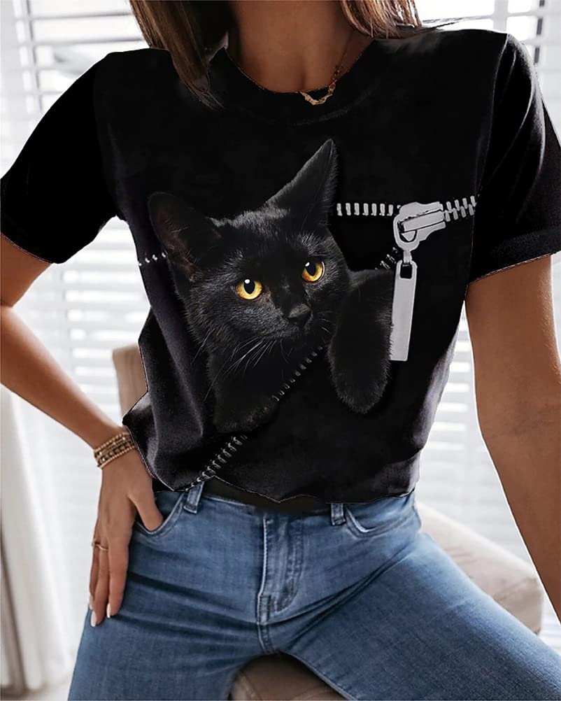 Tomwell Camicia da Donna Gatto 3D Carino Girocollo Gatto Stampa T-Shirt Manica Corta Maglione Allentato Casual Cat Shirt Top