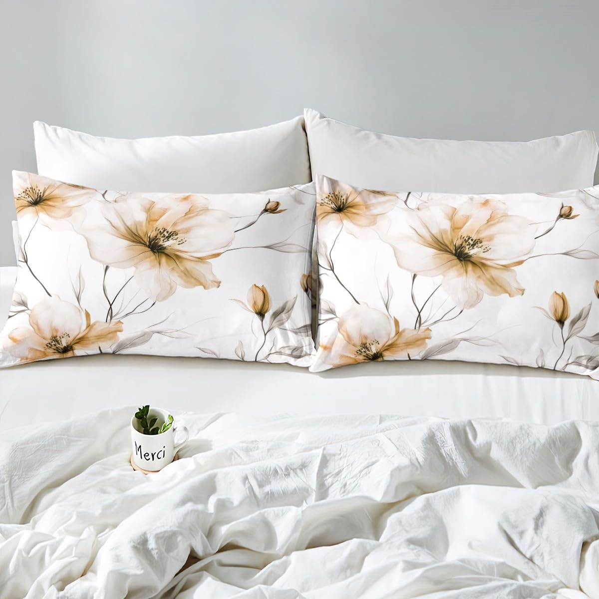 Erosebridal Champagne Floral Twin Duvet Cover, Boho Flower Bedding Set, Elegant Flower Boho Bed Set for Women Adults Girls Bedroom, Watercolor Flowers Comforter Cover with 1 Pillowcase
