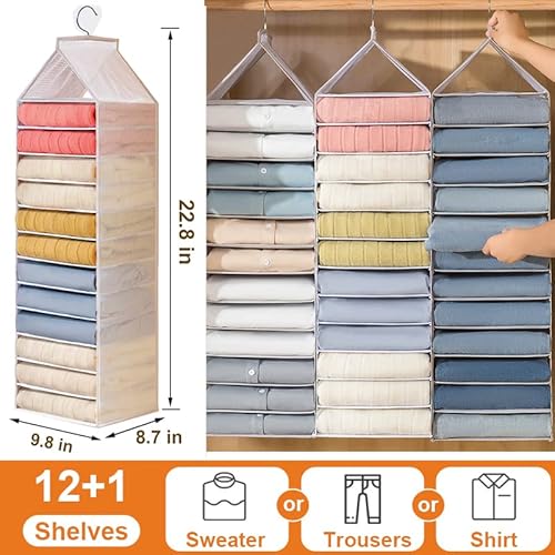Aeeteek 1 Pack Hanging Closet Organizer Pvc Waterproof Wardrobe Clothes Organizer Dividers 12 Shelves Fabric Cabinet Pants Storage Box Foldable Drawers With Hook For Home Dorm Camping (White) #TOP2