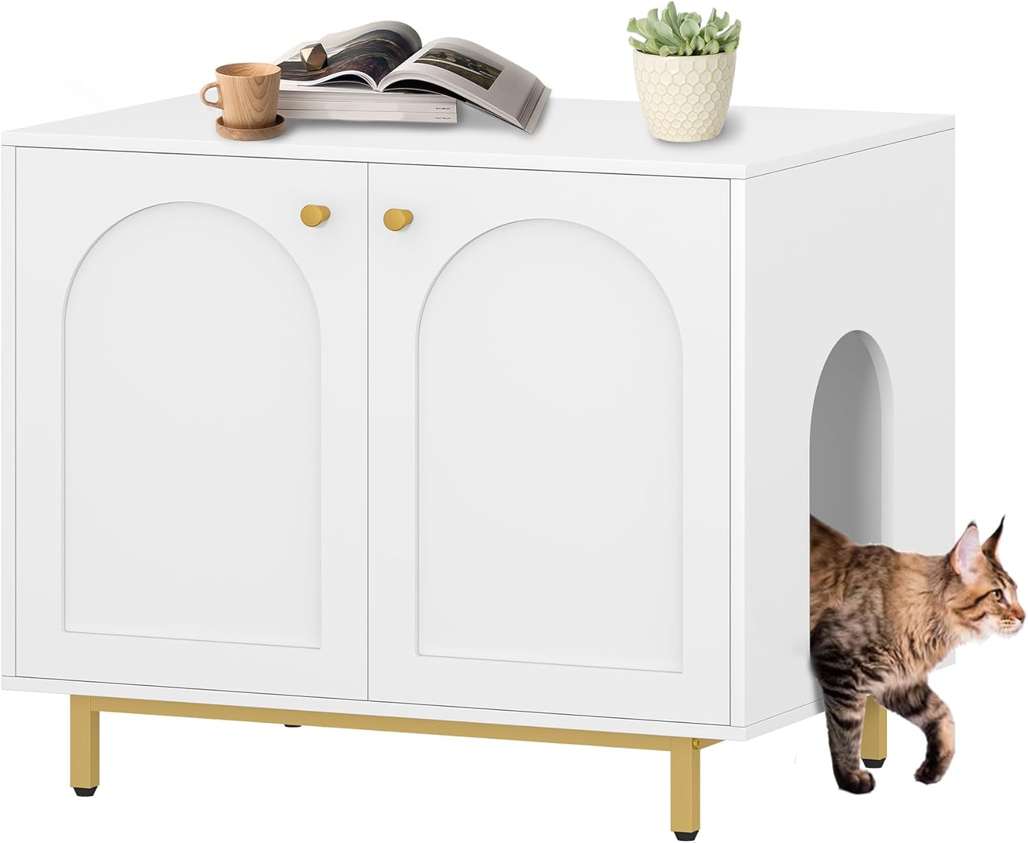 Hzuaneri Cat Litter Box Enclosure, Hidden Litter Box Furniture Cabinet, Wooden Indoor Cat House, Side End Table, Living Room, Bedroom, White and Gold
