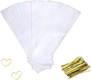 Enenes Pretzel Bag 200 PCS Clear Treat Bags Plastic Treat Bags 2.4x10Inch Clear Cello Bags with 200PCS Ties for Pretzel rods or Little Cookies and Candies (2.4 x 10 Inch,200PCS)