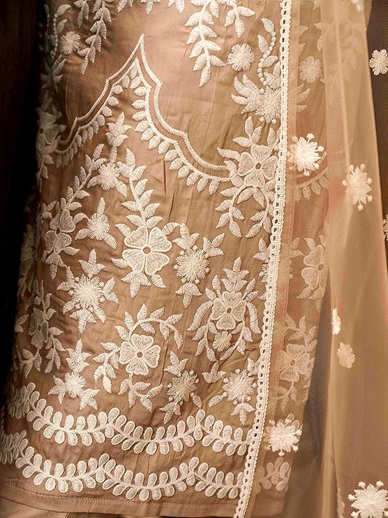 Image of Womanista Women's Floral Embroidered Chikankari Pure Cotton Kurta Trouser With Dupatta Set (Kurtaset 1121)