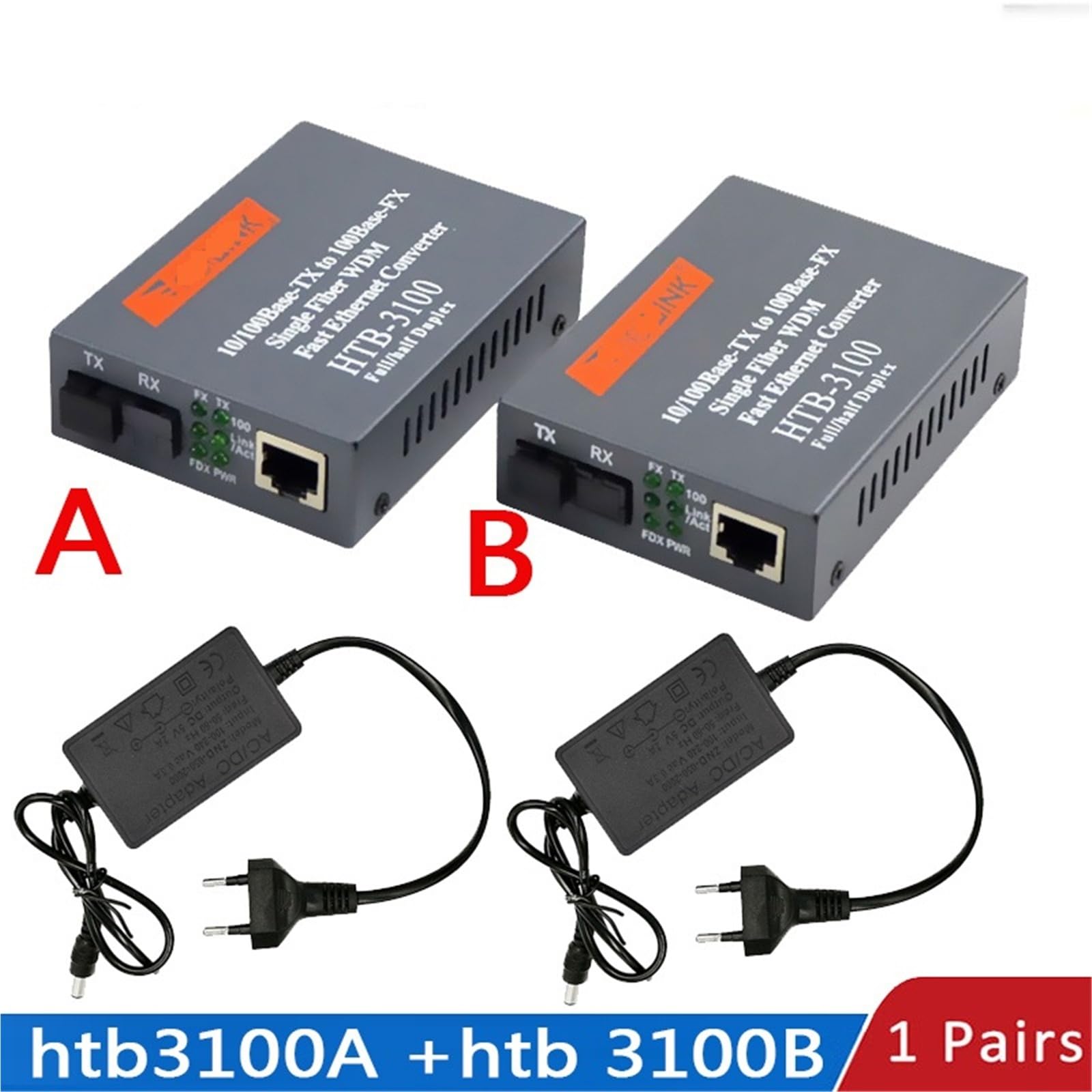 Convertisseur de média Convertisseur de média HTB-3100 Fiber optique monomode, Port SC, 20KM, alimentation externe 10/100M(4 pair)