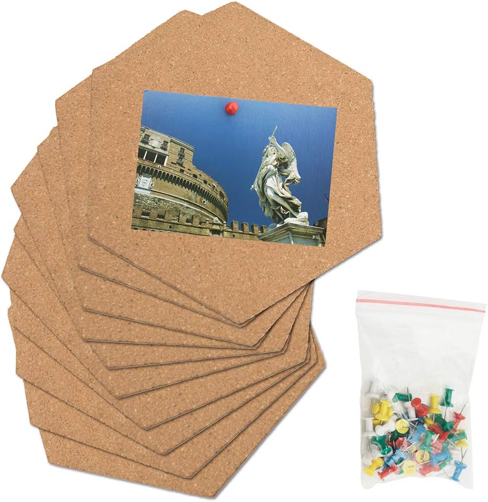 Hexagon Cork Tiles Board,Pin Board Decoration for Pictures,Mini Wall Bulletin Boards, Very Thick10 Pack with Full Sticky Back - Bonus 50 Pins