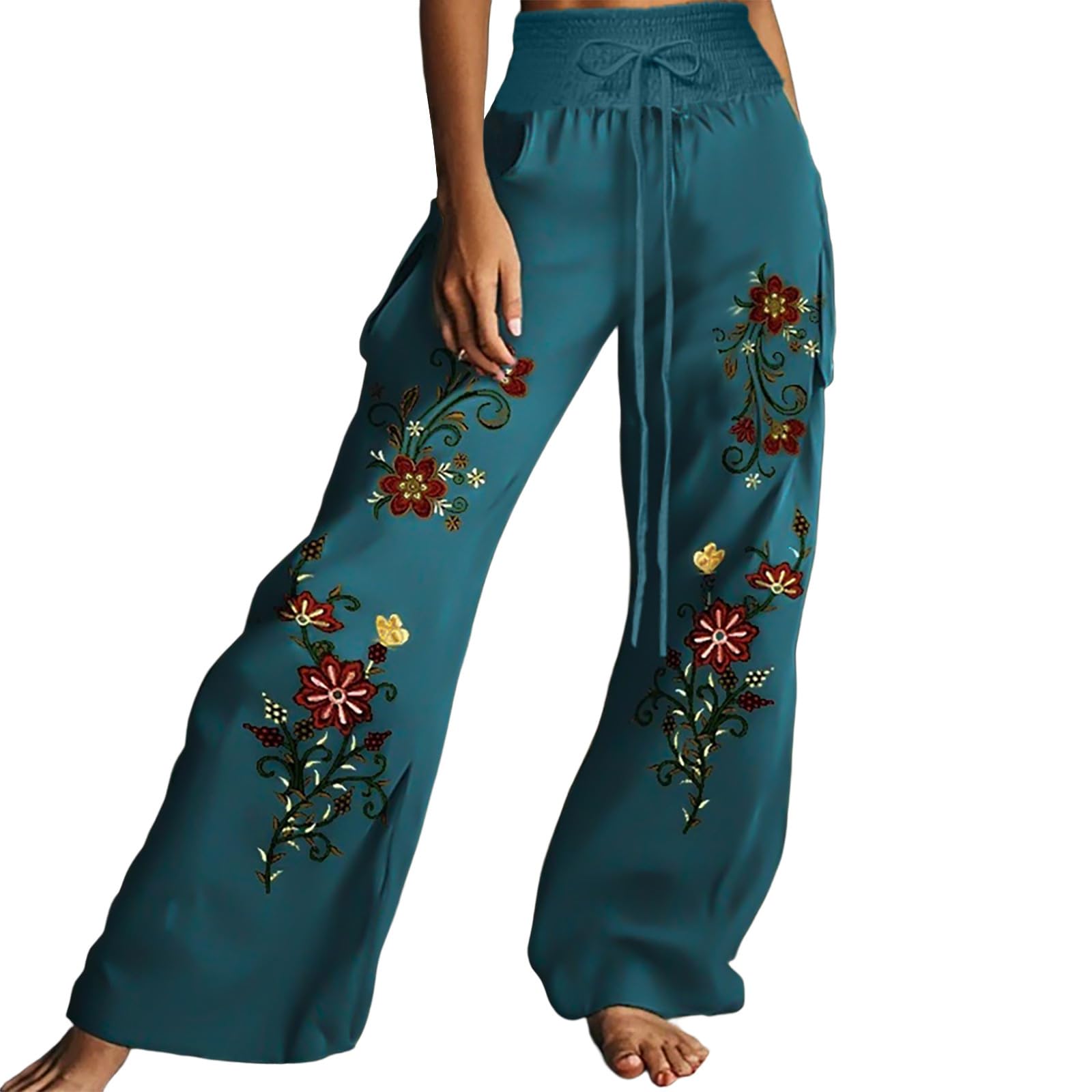 Boho Embroidered Wide Leg Pants for Women High Waisted Flowy Casual Palazzo Pants Trendy Lounge Beach Trousers