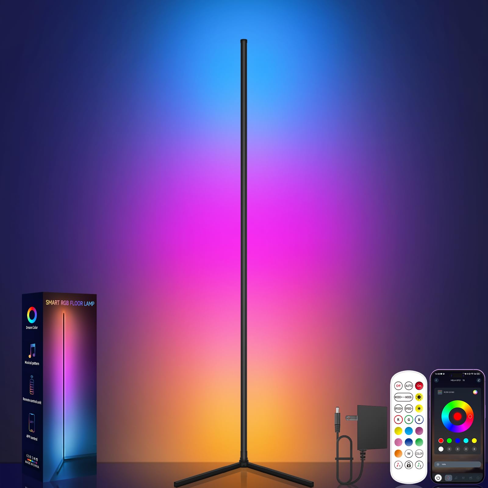 Tyute LED Stehlampe Wohnzimmer, RGB Ecklampe Dimmbar mit Fernbedienung und App-Steuerung, Musik Sync, DIY-Modus & Timing -Funktion für Schlafzimmer Spielzimmer
