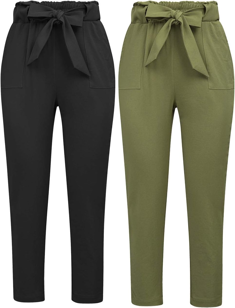 GRACE KARIN Women's Cropped Paper Bag Waist Pants with Pockets Bow-Knot 2PC Small 2pc Set-black & Army Green