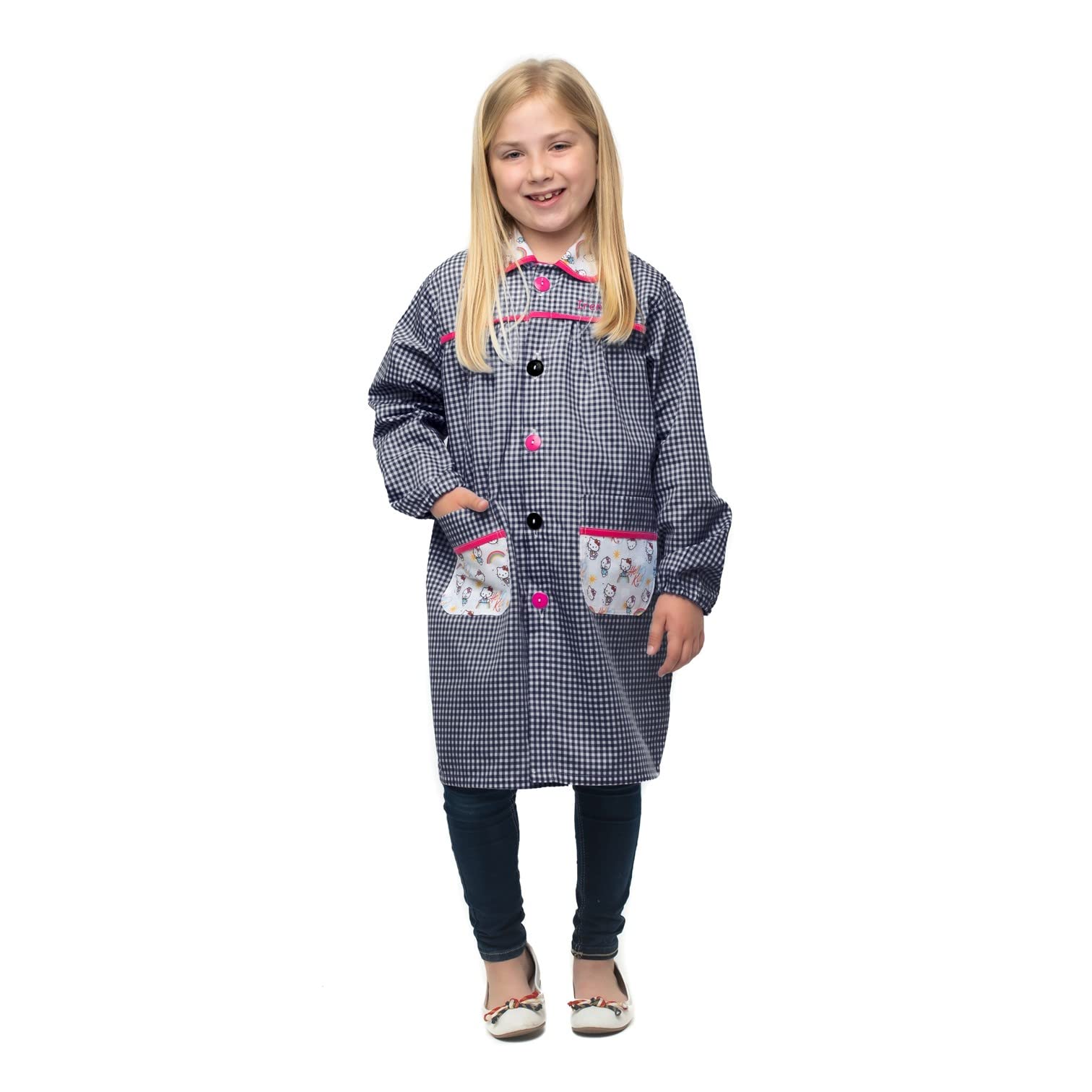 Nenel Conjunto Escolar para Colegio o guardería: Mandilón, babi o Bata Escolar + Bolsa merienda Bordado con el Nombre. Modelo Hello Kitty