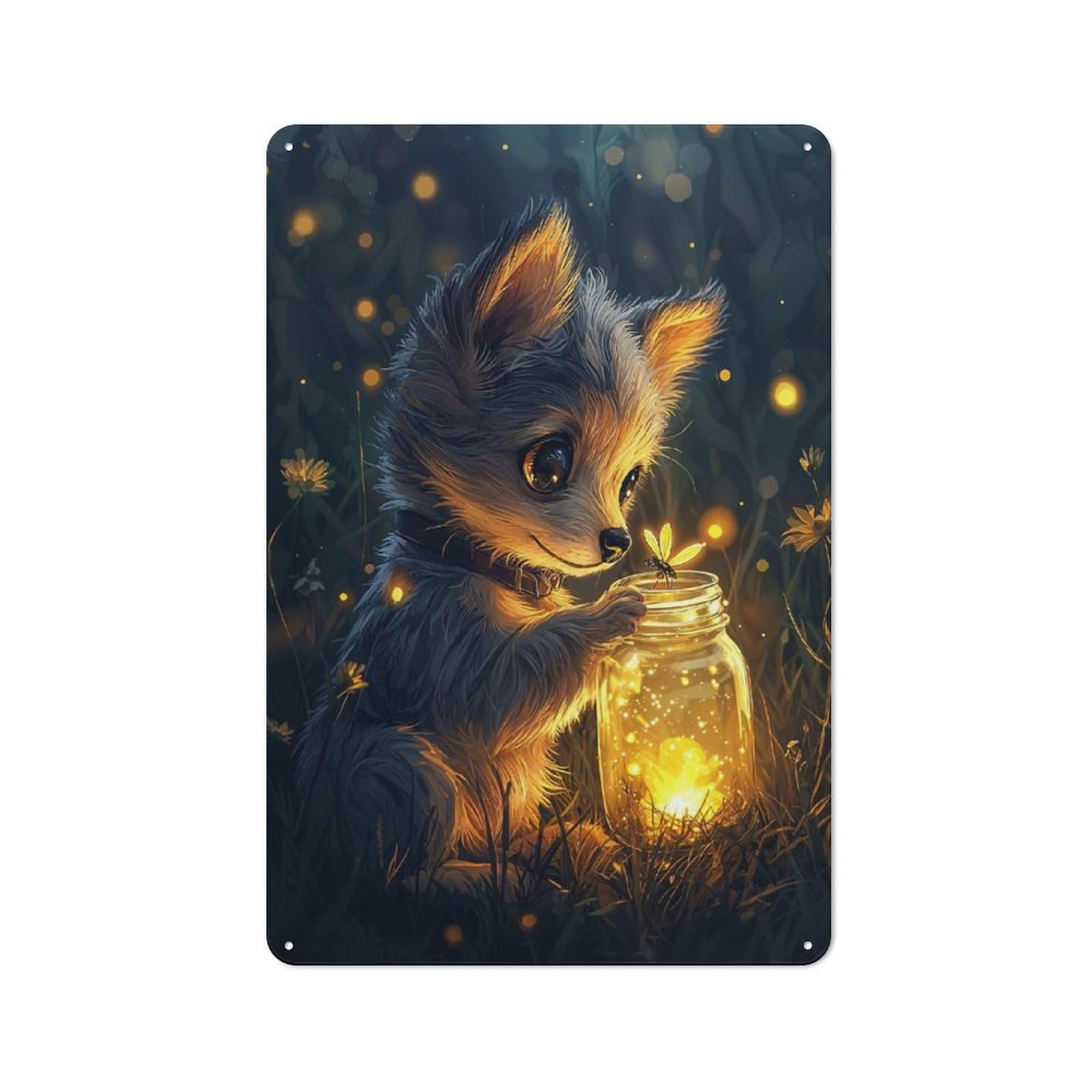 Junmoney Style-15 Industrial Metal Sign With Cute Puppy With Fireflies Design 30X20cm, Modern Retro Loft Wall Plaque For Workspace, Cafe, Hallway Or Garage