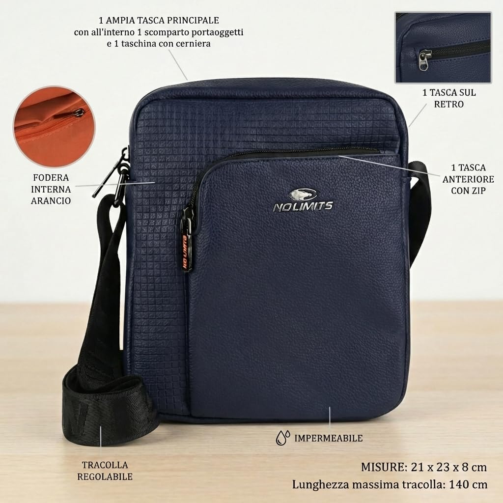 No Limits Bolso de hombre de bandolera ajustable, impermeable, con múltiples bolsillos y forro naranja, piel sintética