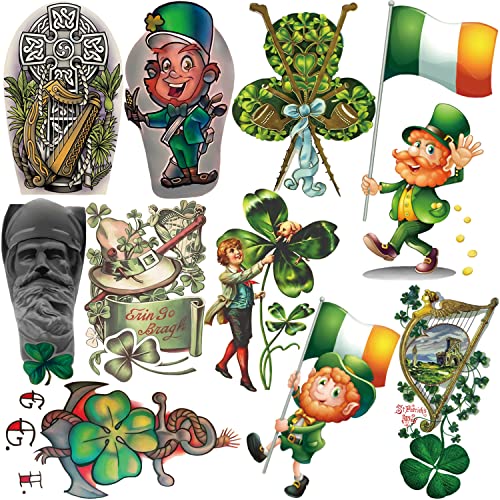 70 Sheets St Patricks Day Decorations Temporary Tattoos,200+ Styles Green Clover Shamrock Leprechauns Irish Flag Party Accessories Fake Tattoo Sticker for Men Women kids Cover