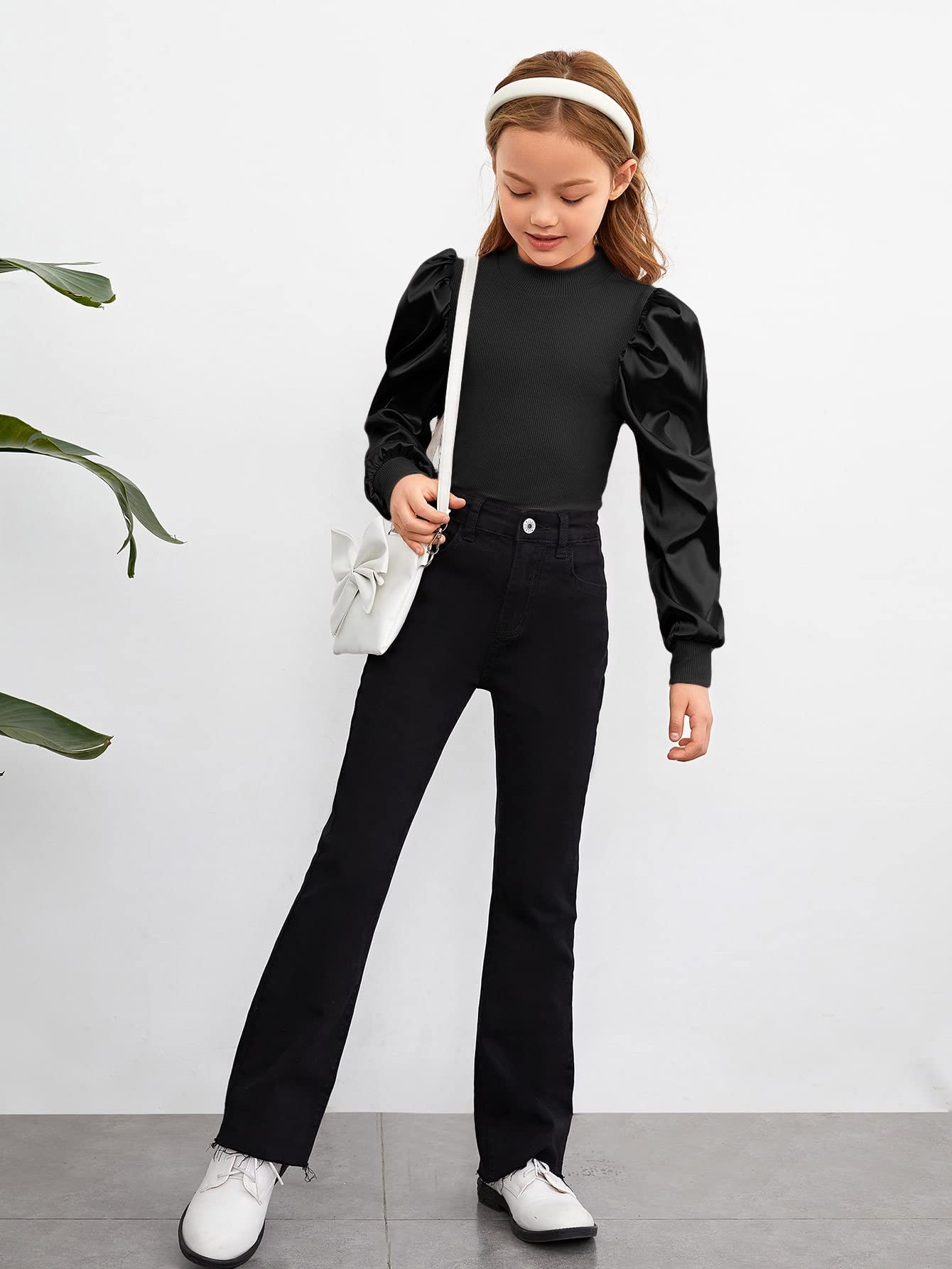 Floerns Blusa casual de punto acanalado de manga larga abombada con cuello redondo para niñas