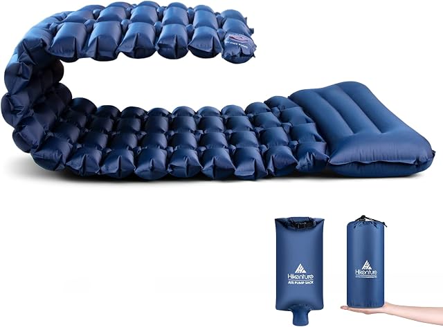 HIKENTURE Karimata outdoorowa na kemping z workiem na pompki, karimata kempingowa, mały rozmiar po spakowaniu, ultralekka mata do spania, outdoorowa mata kempingowa, nadmuchiwana karimata z poduszkami, A1 Blue