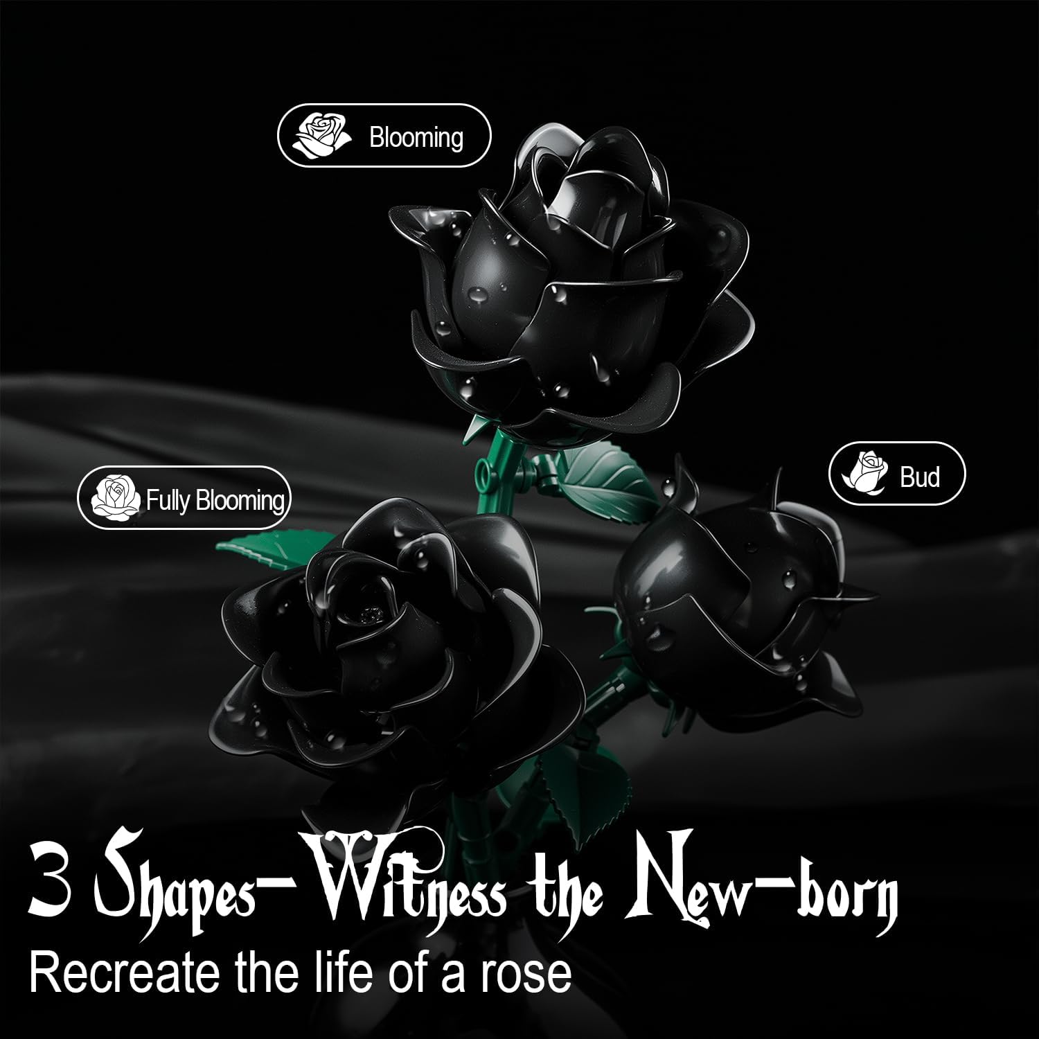 Black Roses Flower Building Set-12Pack, Compatible with Lego Bouquet for Adults,Gothic Horror Flowers Botanical, Gift for Halloween & Valentines Compatible with Lego Roses(585pcs)