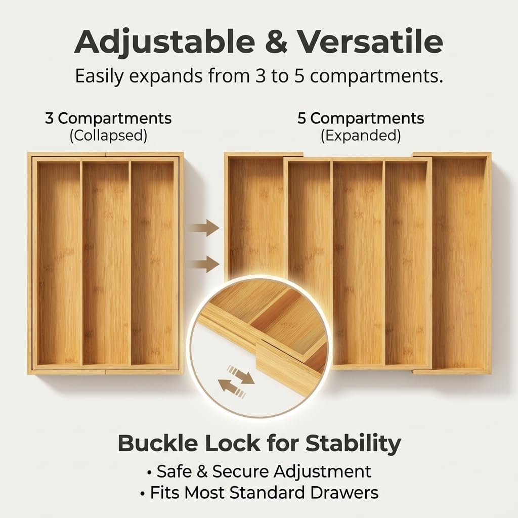 FUSHITON Expandable Bamboo Drawer Organizer, Adjustable Utensil Tray for Knives and Cutlery, Natural Wood Silverware Organizer for Kitchen, Bathroom