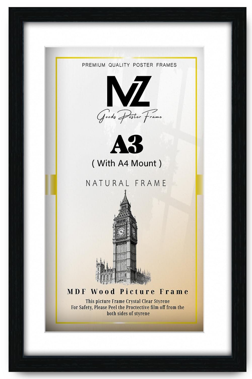 MZ GOODS | Flat Frame A3 (29.70 x 41.90 cm) with A4-(21.00 x 29.70 cm) White Mount - 11 x 16 Inch Frame for Posters, Prints, Artwork 0' 12" x 1' 4" [ Black ]