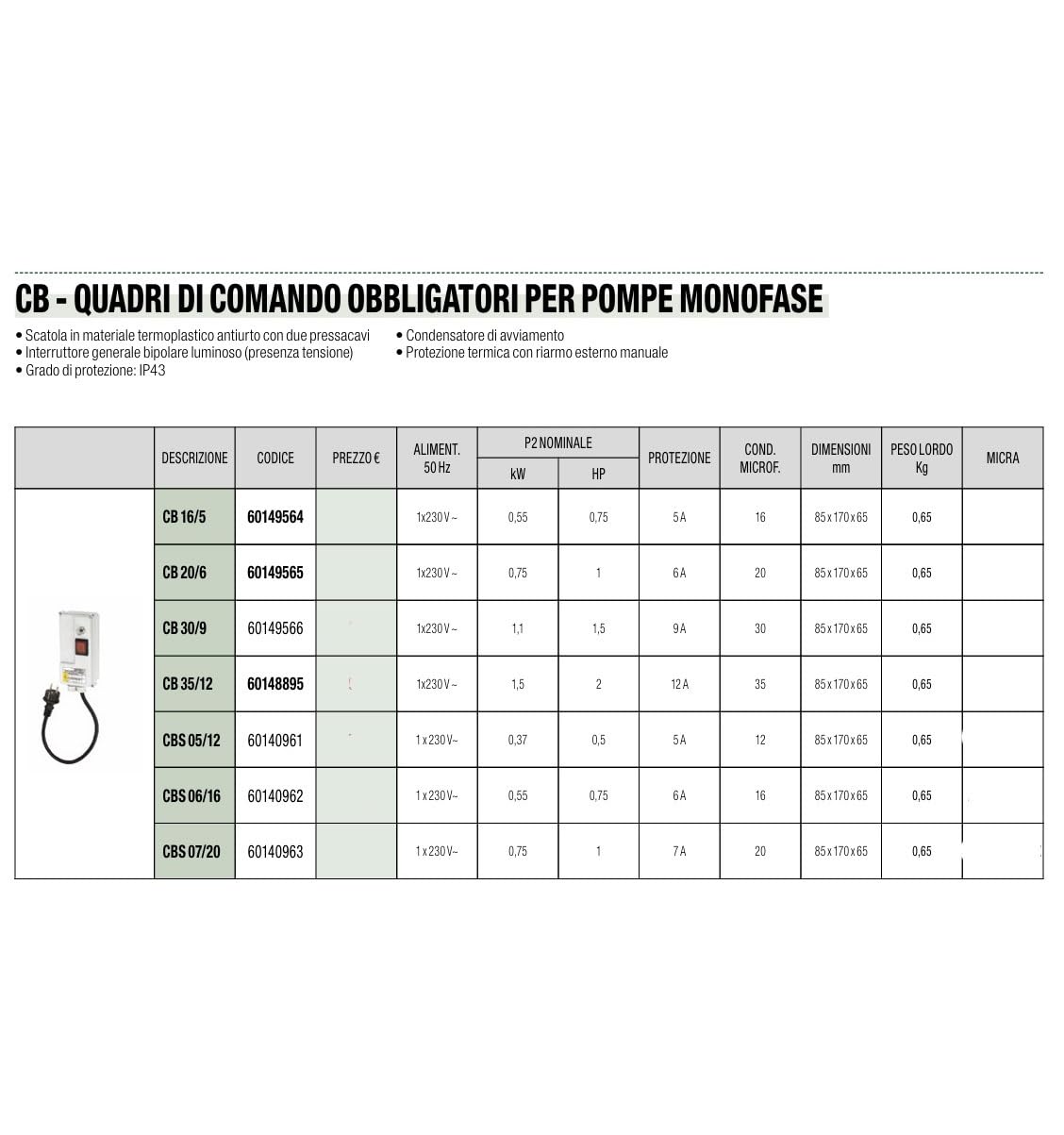DAB CBS 06/16 - Cuadro de control monofásico con protección termostática 6A para bombas sumergibles de 0,75 HP