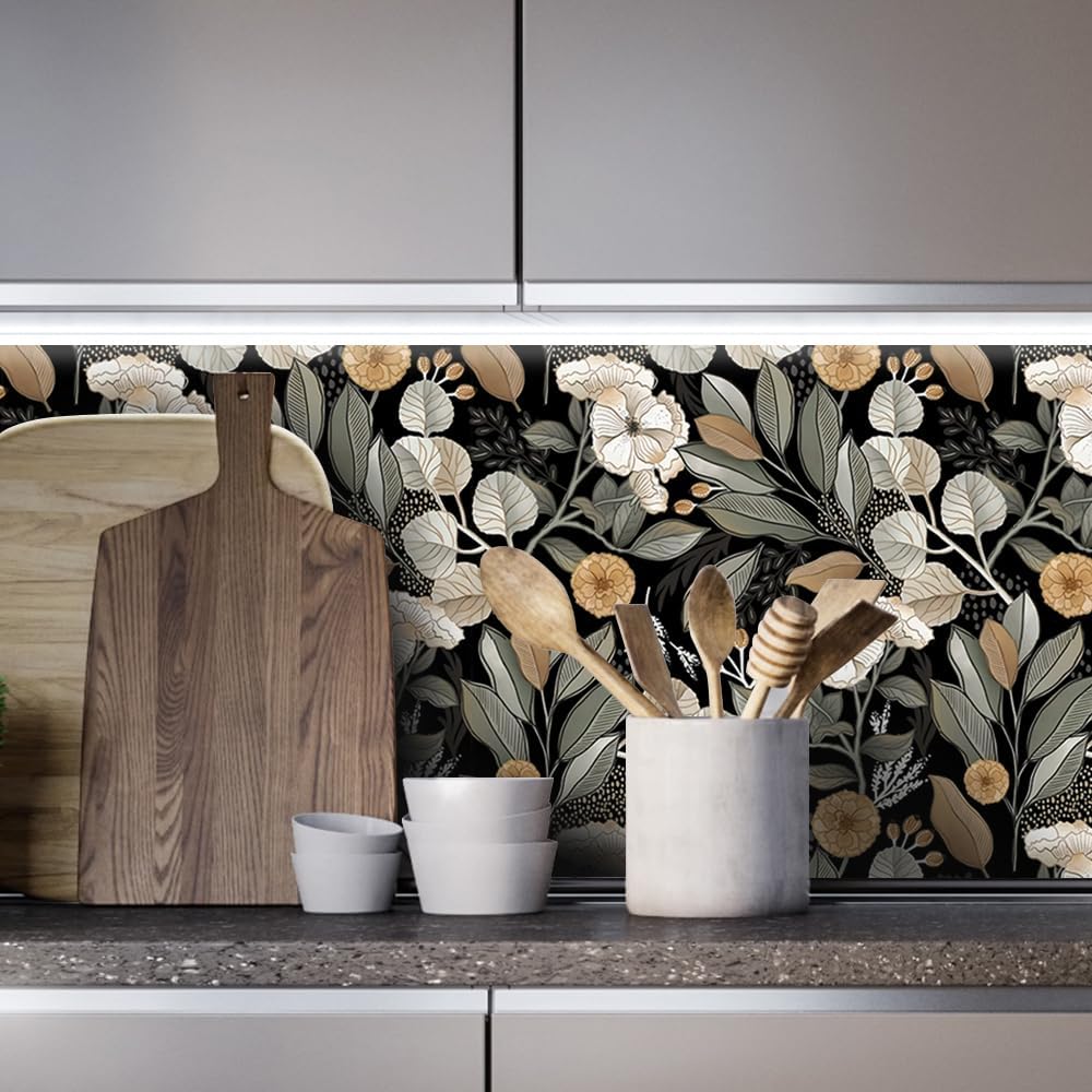 Flowers and Leaves Wallpaper Peel and Stick Wallpaper Self Adhesive Removable Botanical Contact Paper Nursery Bedroom Mural Wall Decorative 17.71"x236.2"