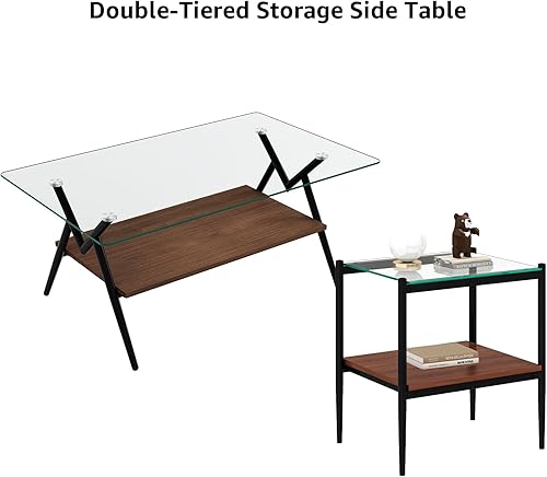 Miniatura 6 de Juego de mesa auxiliar y mesa auxiliar de 3 piezas, marco de metal negro, mesa auxiliar superior de cristal, estante superior cuadrado, mesas