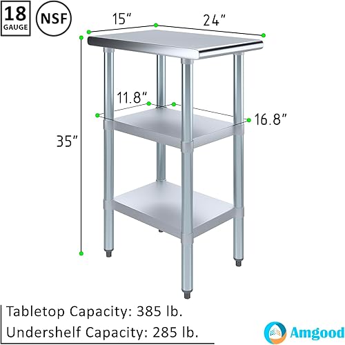 Vista 3 de AmGood Mesa de trabajo de acero inoxidable con 2 estantes NSF Mesa utilitaria de metal (15 pulgadas de largo x 24 pulgadas de profundidad)