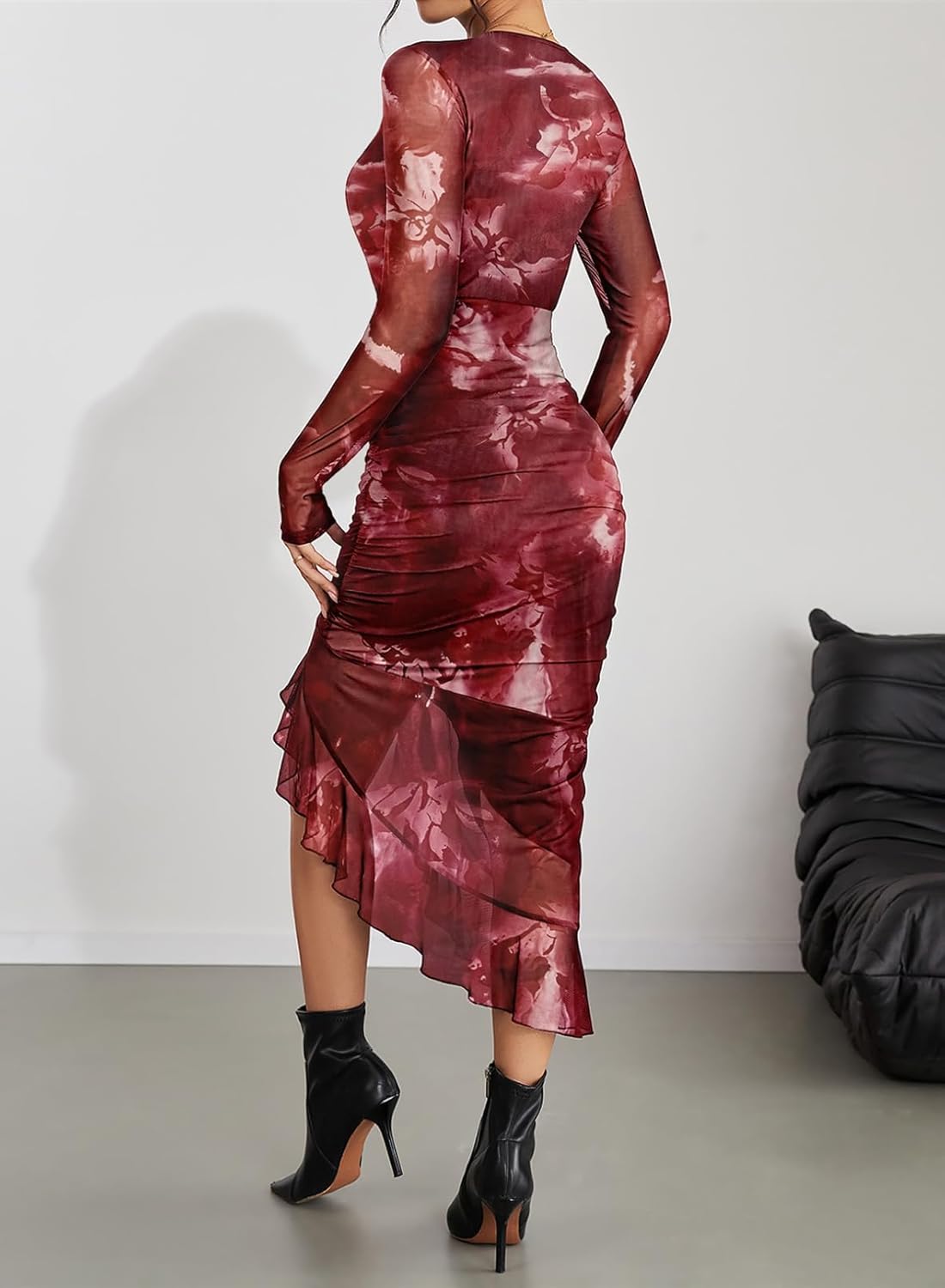 Pink Queen Women's Sexy Mesh Bodycon Dress Fall Long Sleeve Asymmetric Hem Ruffle Floral Print Party Club Ruched Midi Dresses - Image 4