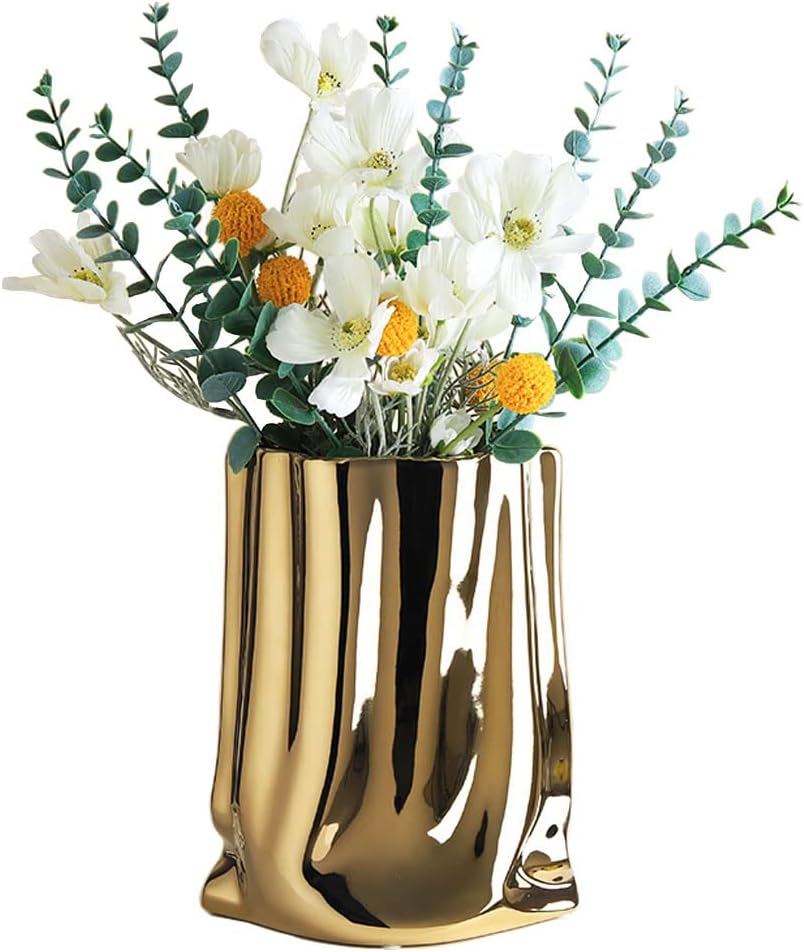 Silver Vase, Paper Bag Modern Minimalist Metallic Luster Ceramic Flower Vase for Home Decor, Table, Living Room Decoration, Shelf Decor, Mantel (Silver-Large)