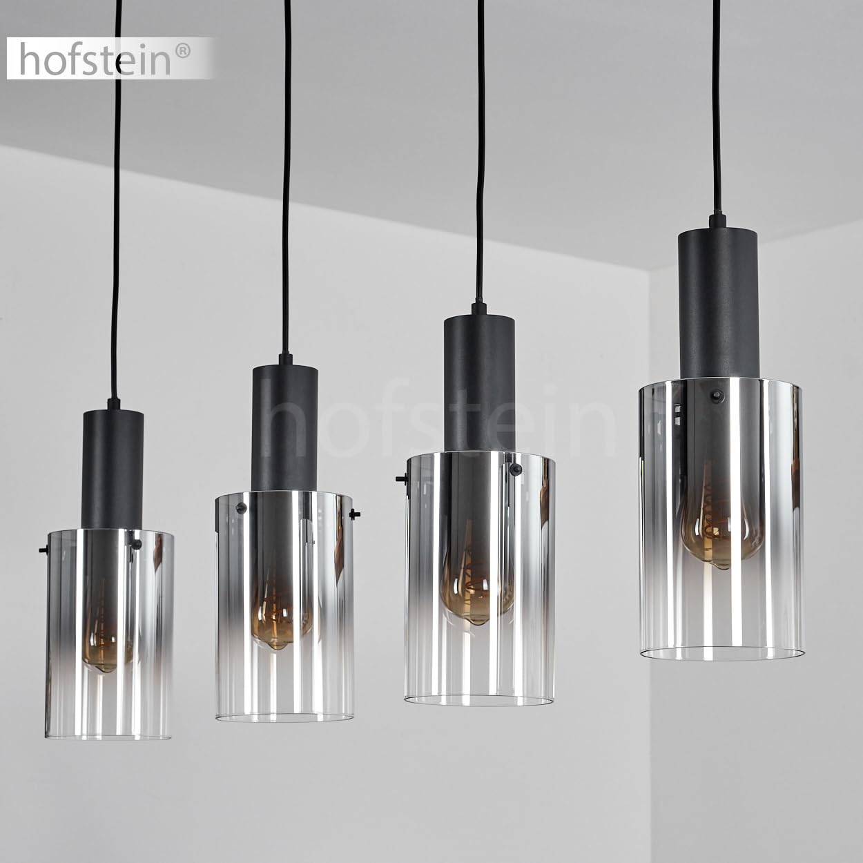 Pendelleuchte Sambour, Hängelampe aus Metall/Glas in Schwarz/Rauchfarben/Klar, Hängeleuchte im Retro/Vintage-Design mit Glasschirmen (Ø 12,5cm), 4-flammig, Höhe max. 140 cm, 4 x E27, ohne Leuchtmittel
