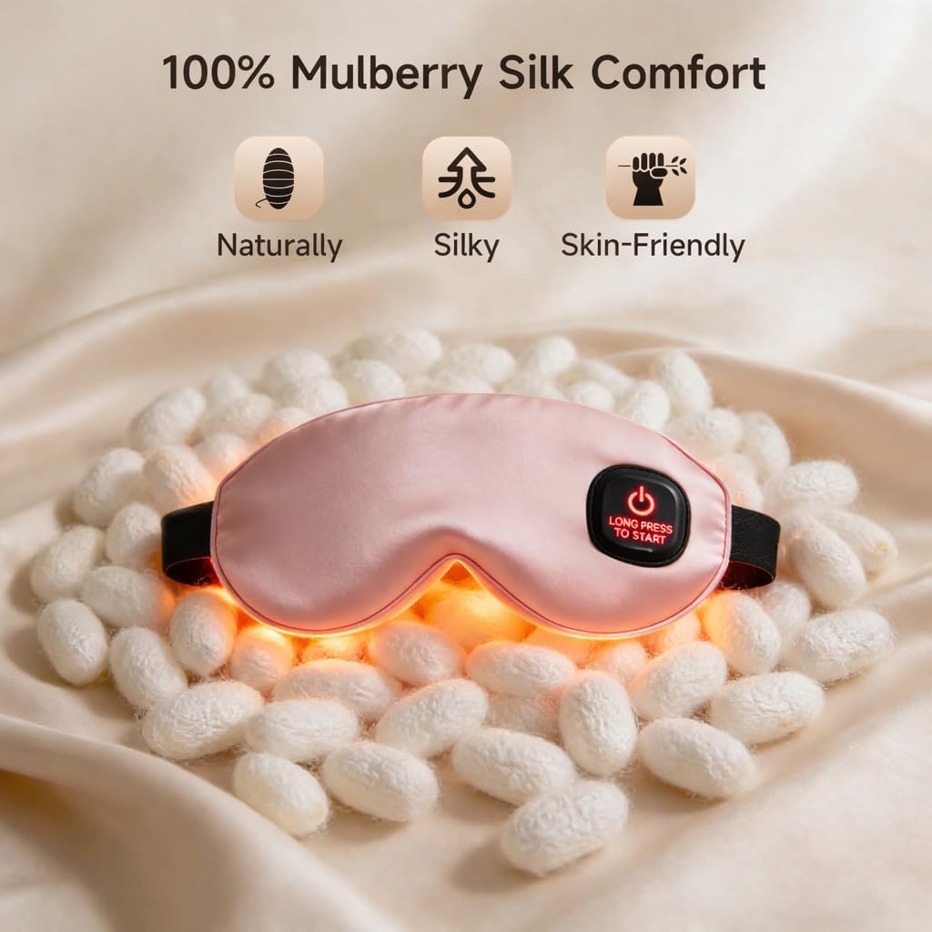 Cordless Eye Mask with Heat and Cooling, Silk Heated Eye Mask for Dry Eyes, Eye Relief, Timed Shutdown, 3 Temperature, Eye Mask for Travel, Washable Cover, Pink