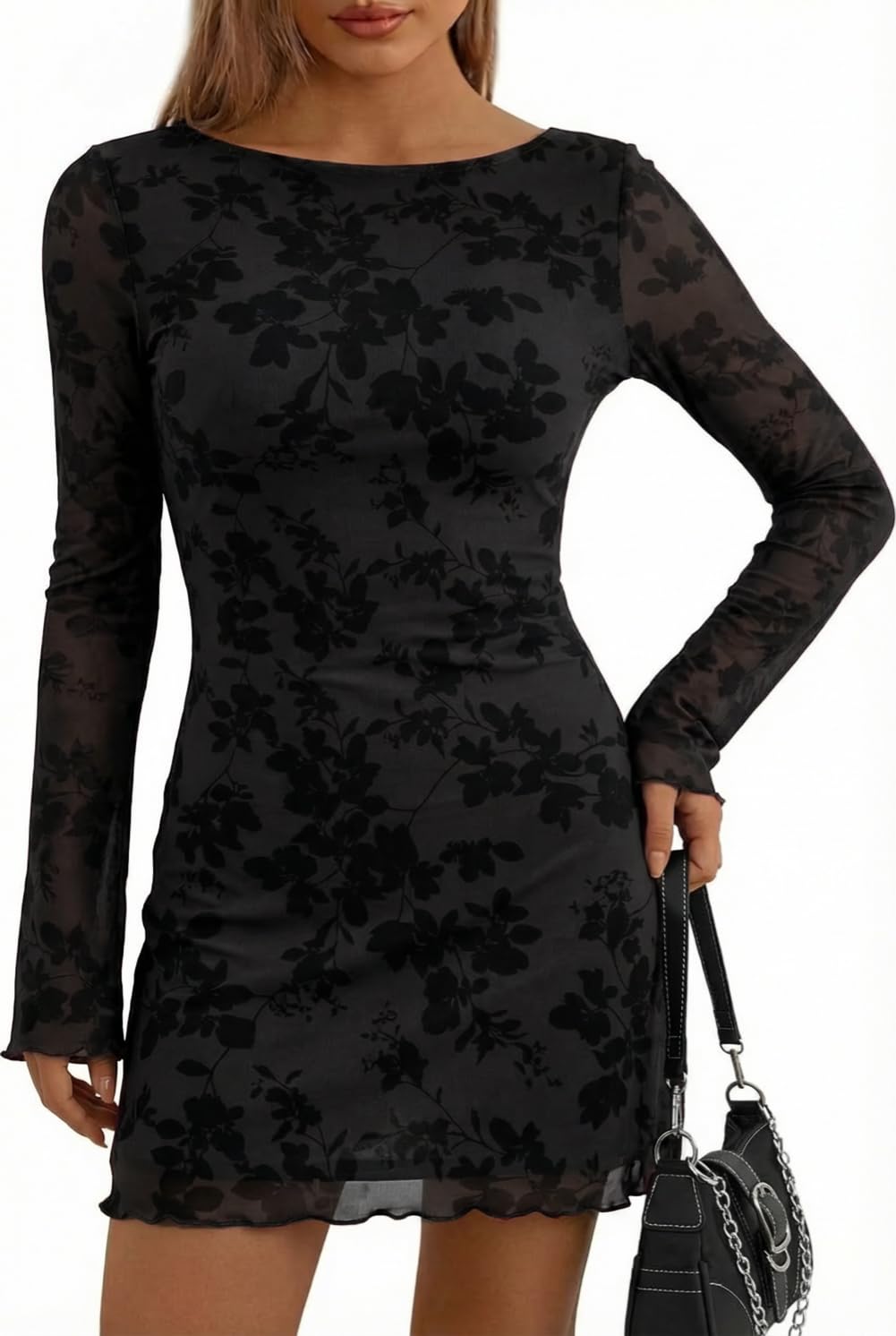 Vestito Donna Elegante Floreale Mini Abito in Rete Trasparente Maniche Lunghe a Campana Vestiti Corto Sexy Y2K Abiti Aderente Casual Tubino Vintage Vestito da Festa Sera Cocktail Discoteca