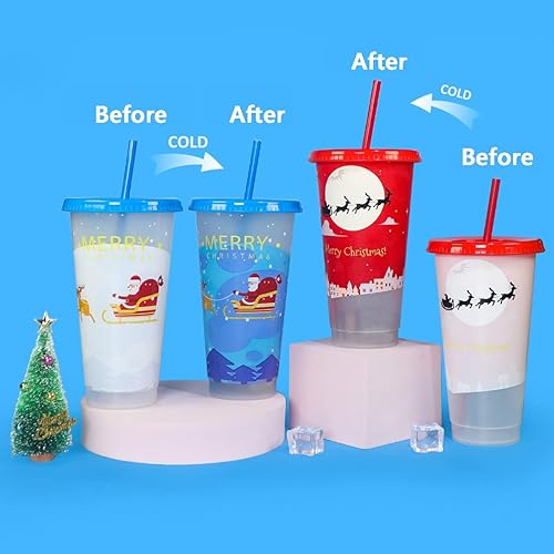 Miniatura 4 de Vasos navideños que cambian de color con tapas y popotes, paquete de 5 vasos reutilizables de 24 onzas con tapas y popotes, vasos de plástico con