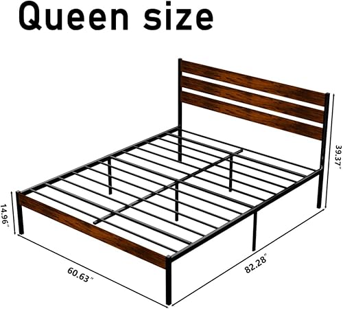 Miniatura 42 de Cama de plataforma de metal de tamaño individual con cabecera de madera, no necesita somier, fácil montaje, grano de madera negro Grano de madera
