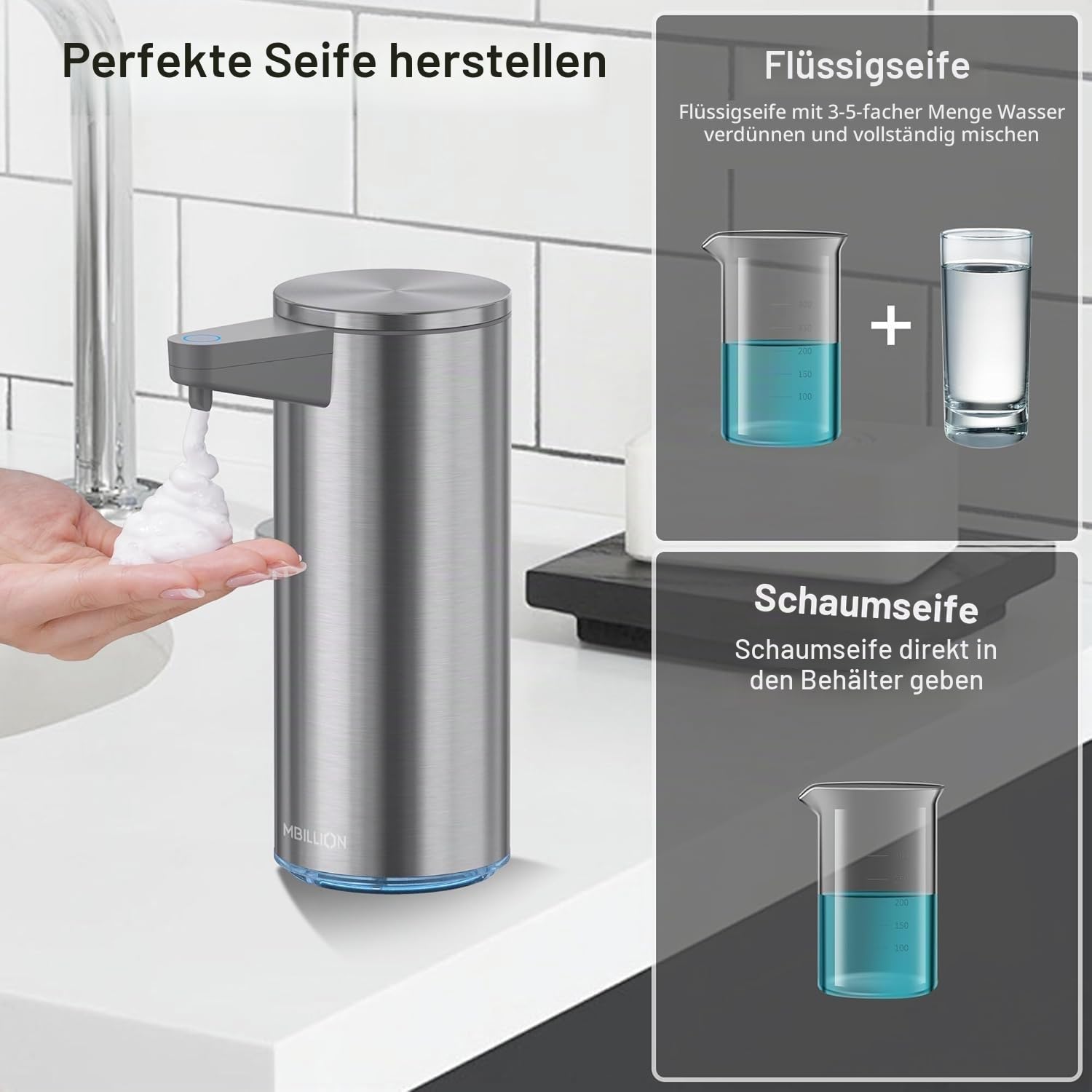 Mbillion Automatischer Seifenspender Berührungsloser Schäumender Seifenspender USB Wiederaufladbarer Spender Elektrisch 5 Stufen Einstellbare Schaumseifenspender Pumpe für (Silberfarben)