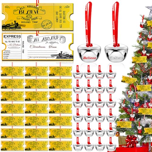 24 Pcs Christmas Polar Express Golden Tickets and Believe Bells Ornaments Bulk North Pole Train Tickets Polar Express Bell Christmas Decorations Believe Hanging Holiday Party Gifts Favors