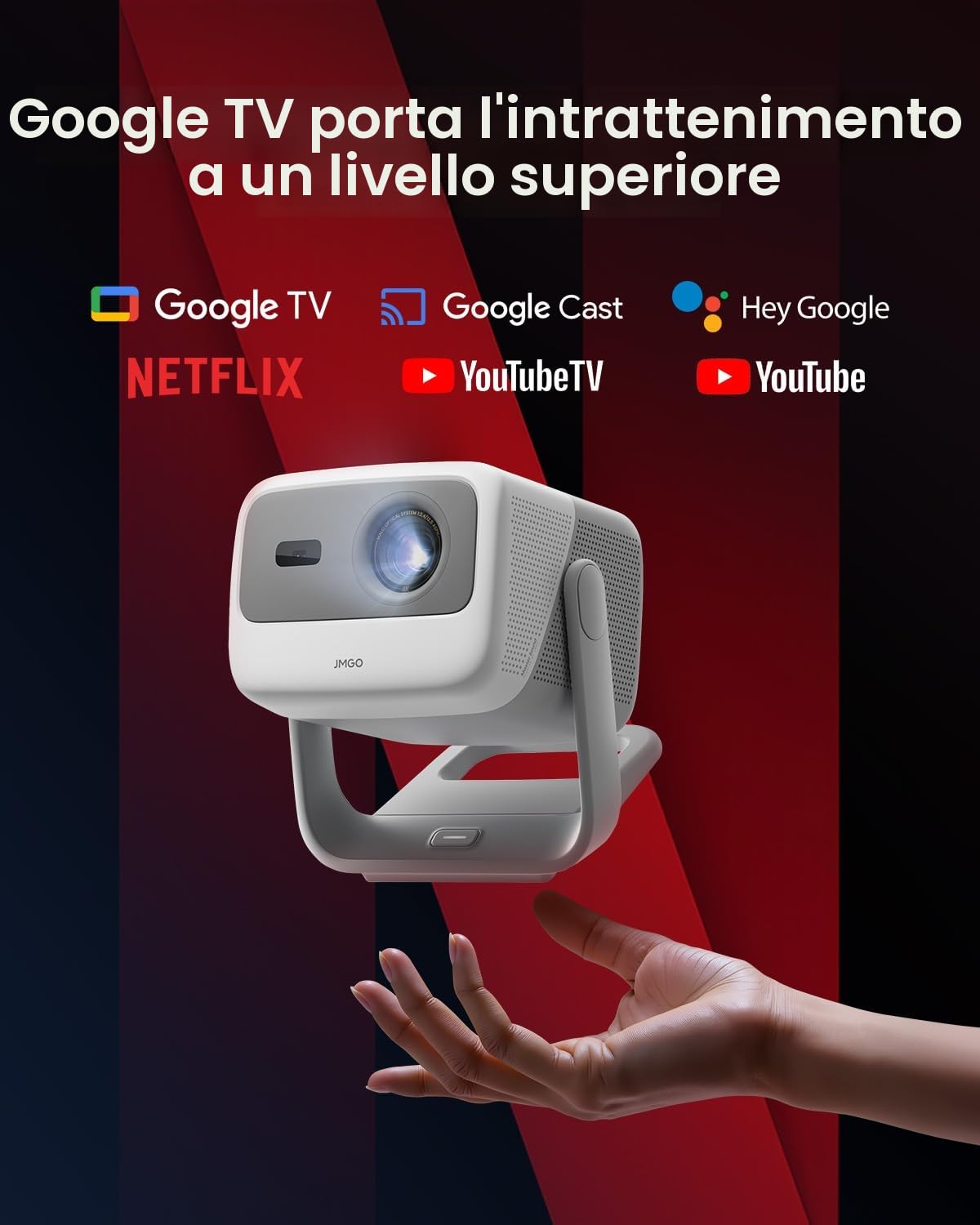 JMGO N1S 4K Mini Proiettore Portatile, Triple Laser, 1100 ISO Lumens, Gimbal Istantaneo Autofocus, Google TV, Netflix, 110% BT.2020, HDR10, Audio Dolby 10W, Blu-ray 3D, 200" per Esterno, Gaming, Feste