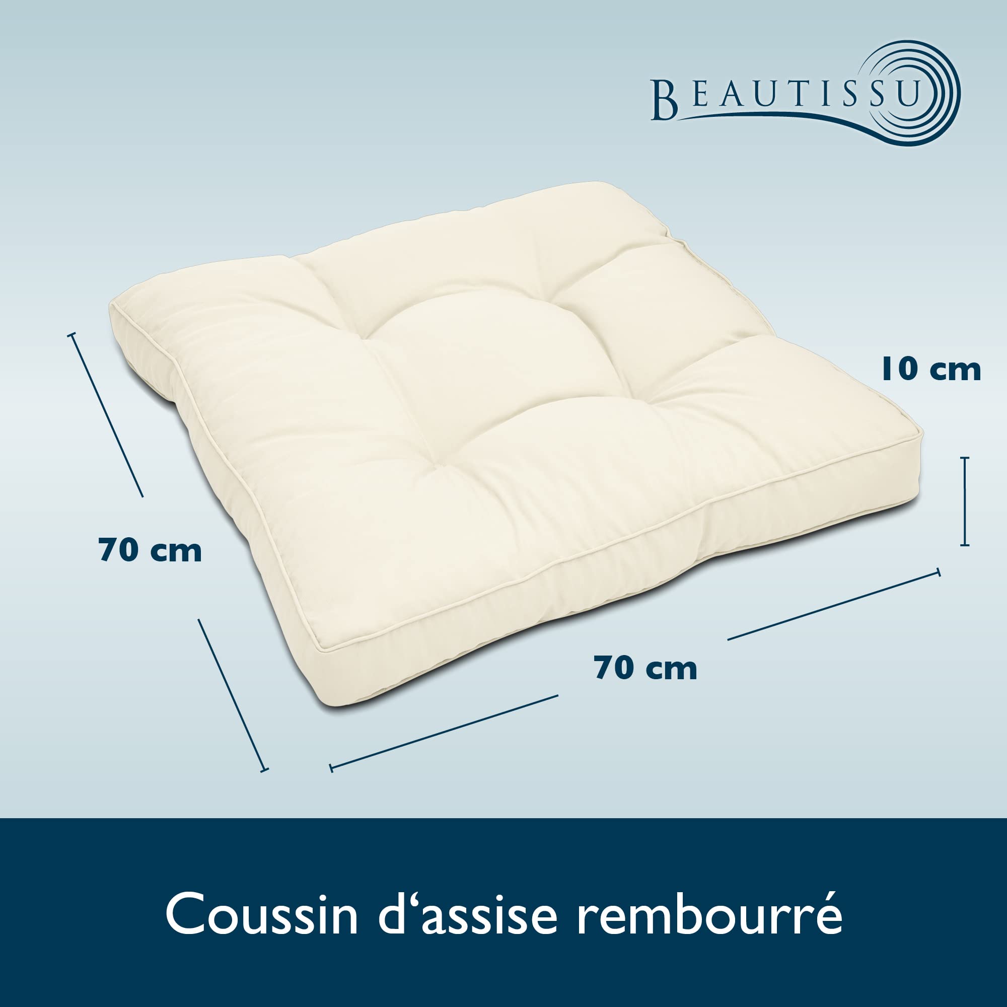 Beautissu Coussin extérieur Jardin Assise – Coussin Chaise Jardin idéal pour extérieur, Jardin, Balcon - XLuna -70x70x10 cm - Nature