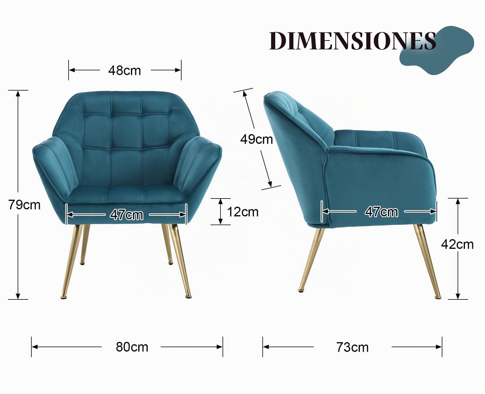chairus Juego de 2 Sillón de Salón Acolchado con Reposabrazos Butaca Moderna, Sillón Tapizado de Lino Sofá Individual con Patas Metálicas Doradas para Salón/Dormitorio, Azul