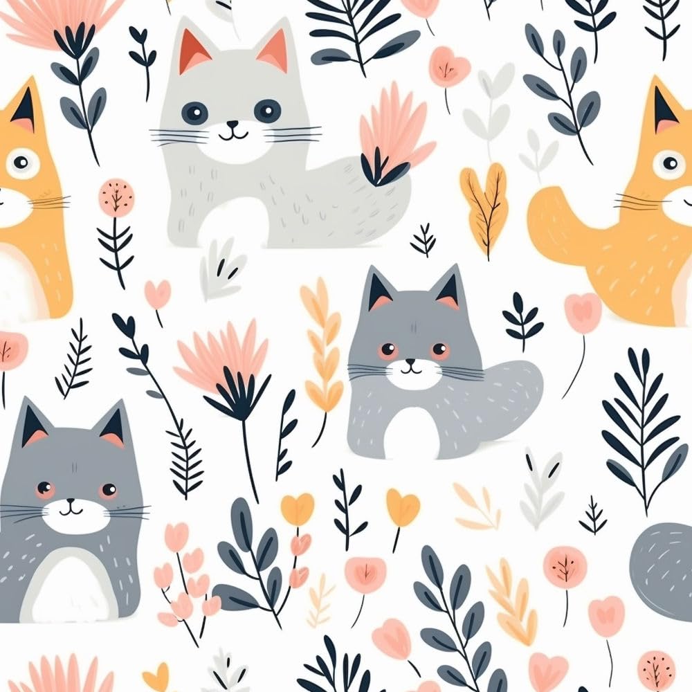 Jiaoqss M Peel And Stick Wallpaper Cute Cat Stick On Wallpaper Pink Orange Wildflowers Vinyl Self Adhesive Contact Paper For Home Bedroo Cabinets And Kitchen Decor