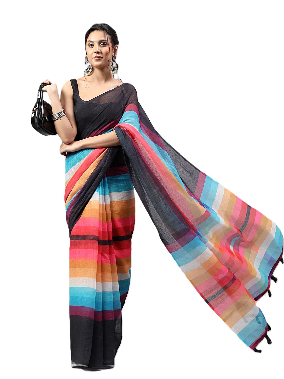 samantha Linen Floral, Striped, check design Printed Saree with solid Unstitched Linen Blouse Piece-picture-18