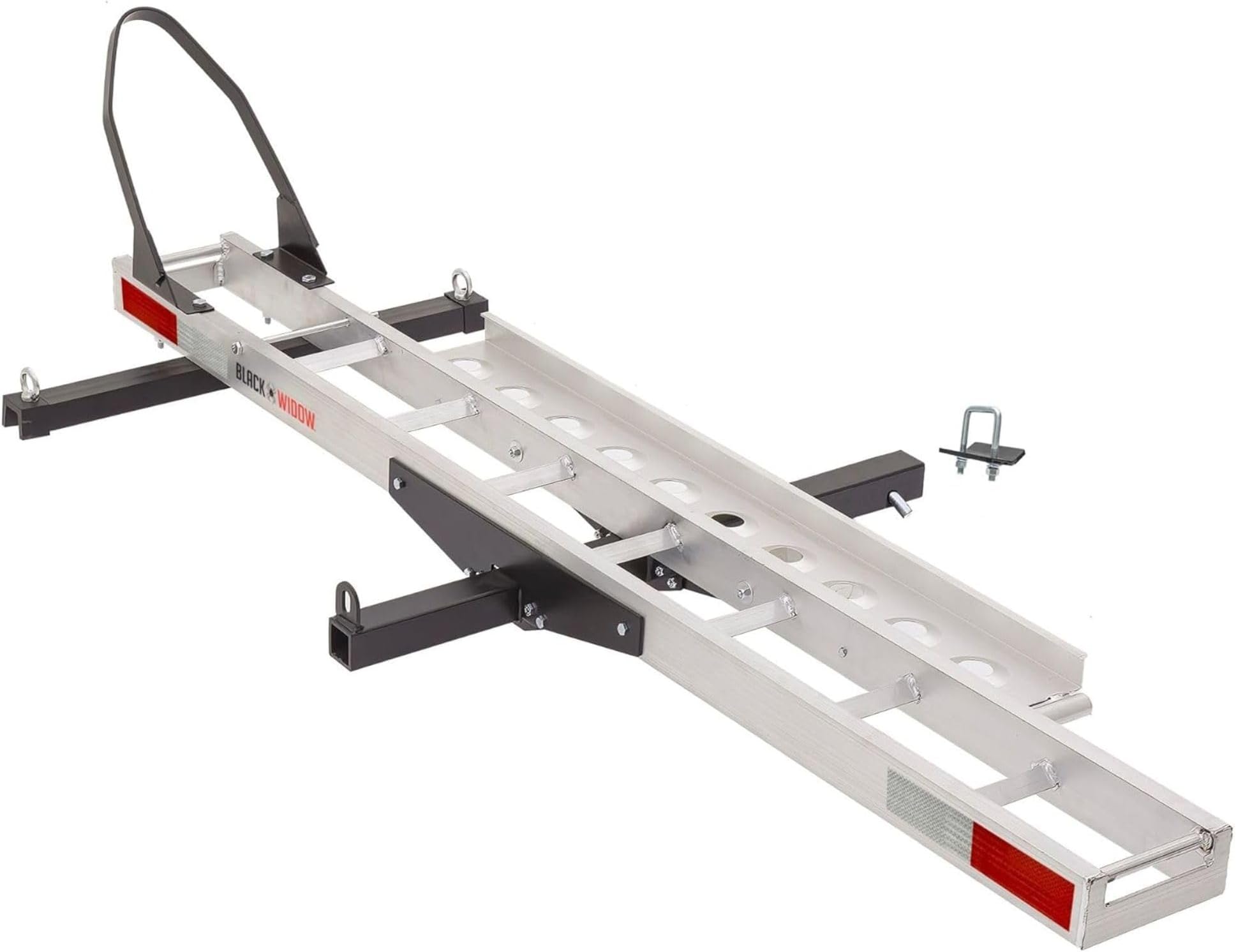 Black Widow Motorcycle Hitch Carrier with Wheel Chock and Loading Ramp Lightweight Aluminum 400 lb. Capacity Anti-Rattle Included Fits 2" Receiver
