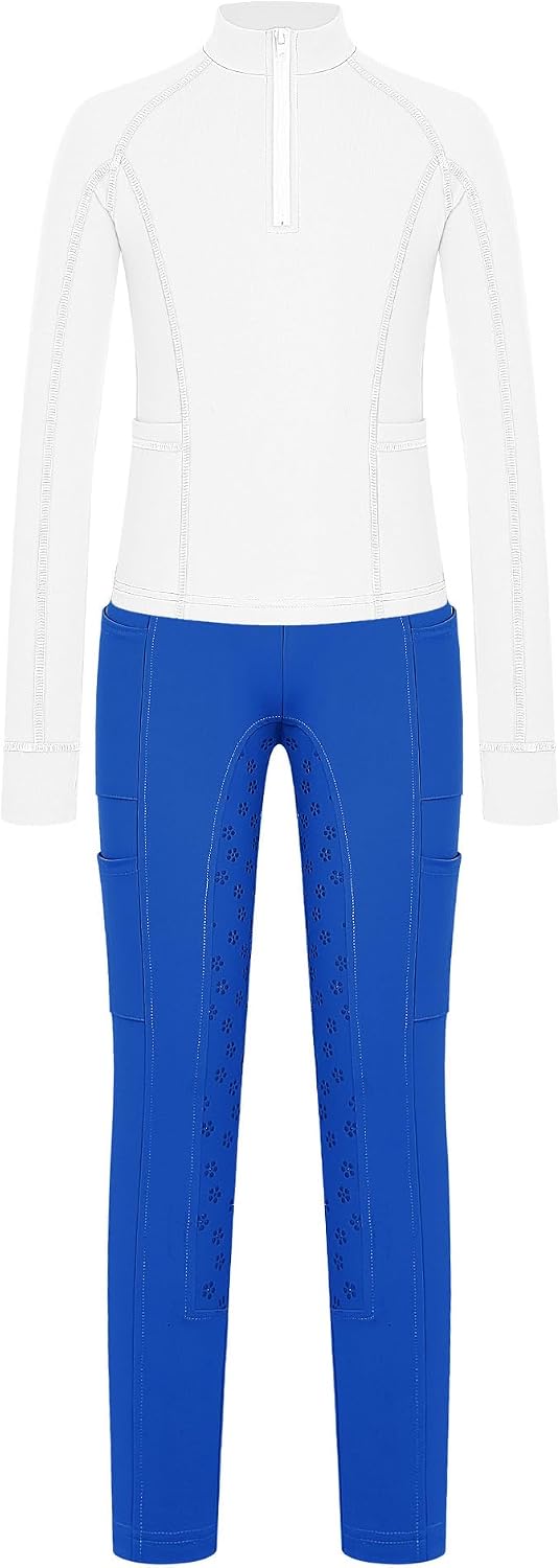 ranrann Kids Horse Riding Set Equestrian Schooling Tights Knee Patch Silicone Breeches Horseback Show Outfits White Blue 12 Years
