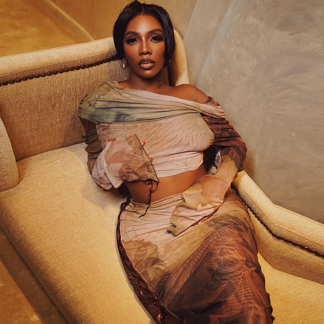 THLAI Women's Two Piece Sexy Outfit Long Sleeve Short Top Long Skirt Drawstring Print Casual Set Clubwear - Image 5