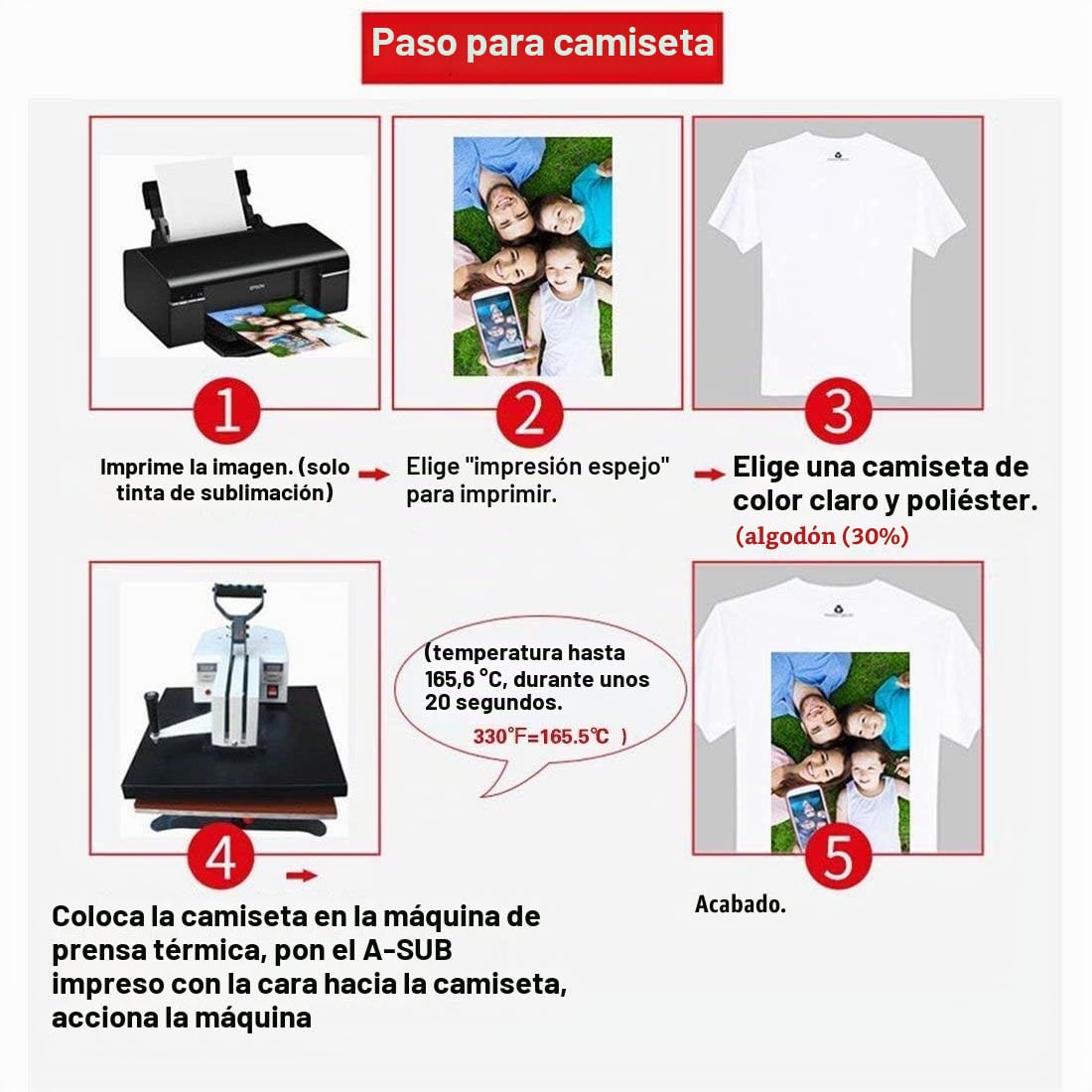 A-SUB Papel de sublimación A4, 210x297 mm, 100 hojas, 120 g/m², Compatible con la impresora de sublimación EPSON, SAWGRASS, RICOH, BROTHER
