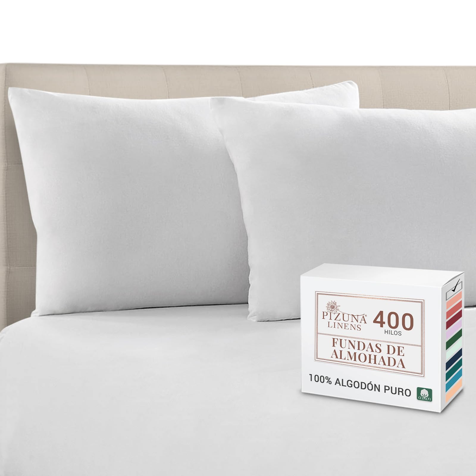 Pizuna Funda Almohada Algodon 45x75, Tejido Satinado de Lujo 100% algodón de Fibra Larga de 400 Hilos Lote de 2 Fundas de Almohada con Solapa de 15 cm en un Lado (Funda Almohada Blanco)