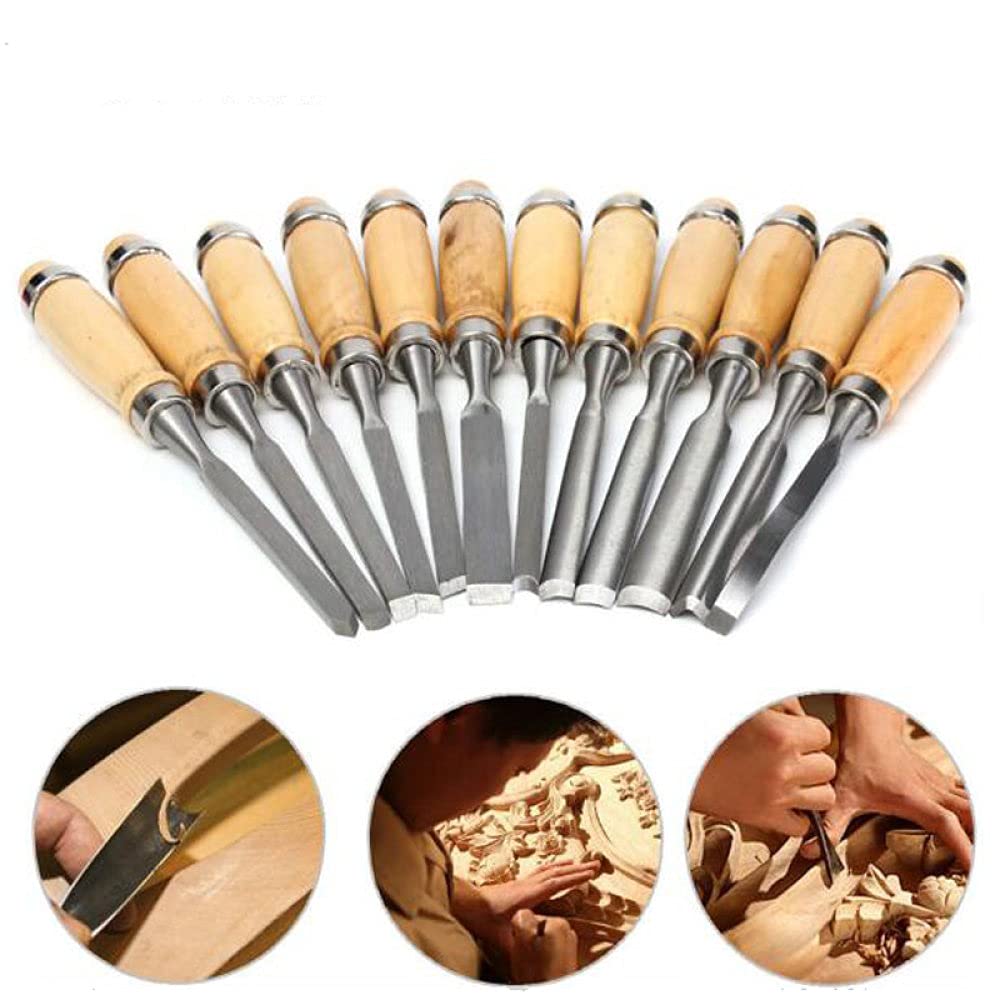 Set 12 Utensili Per Intaglio Legno Professionale - Acciaio 65Mn, Manico In Legno Di Erba, Con Staffa E Tavolo Disegno, Per Falegnami E Hobbisti