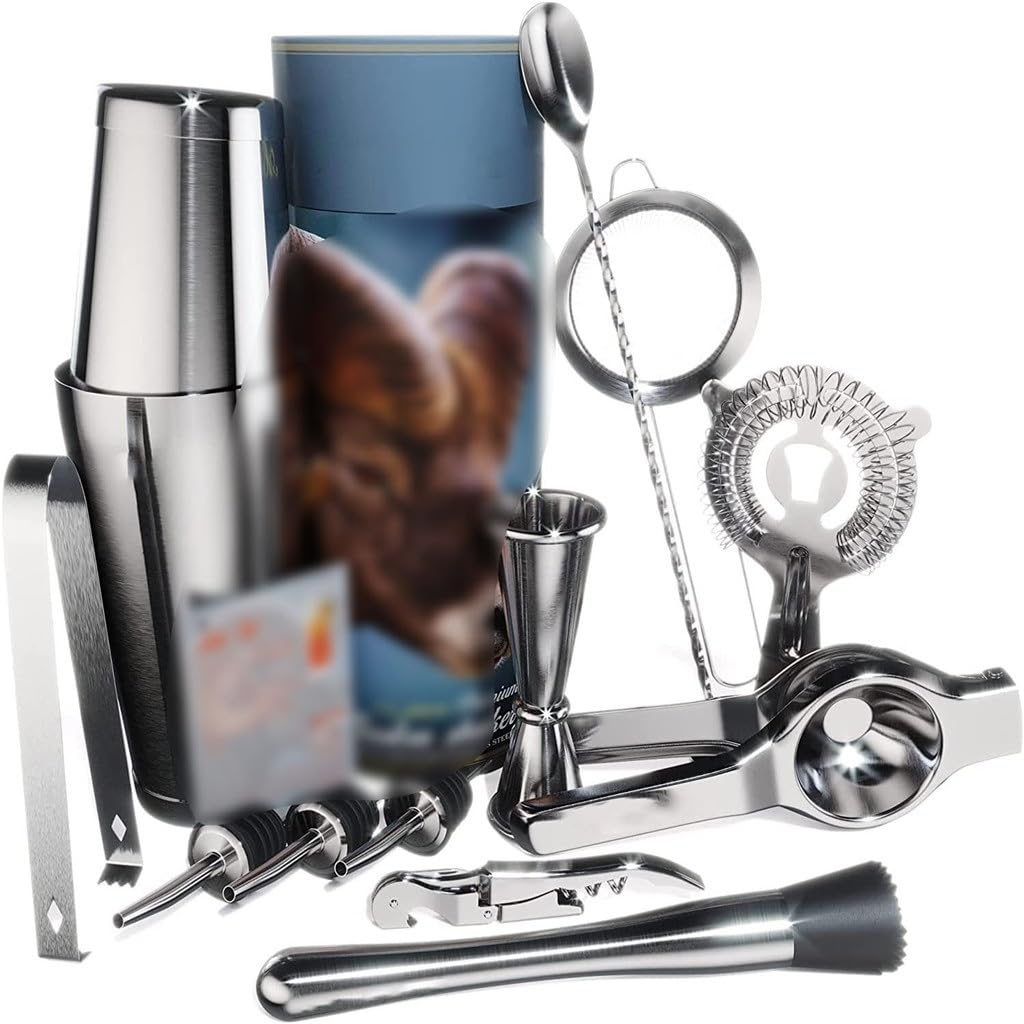 Juego de coctelera Boston con caja de regalo cilíndrica y accesorios de barra