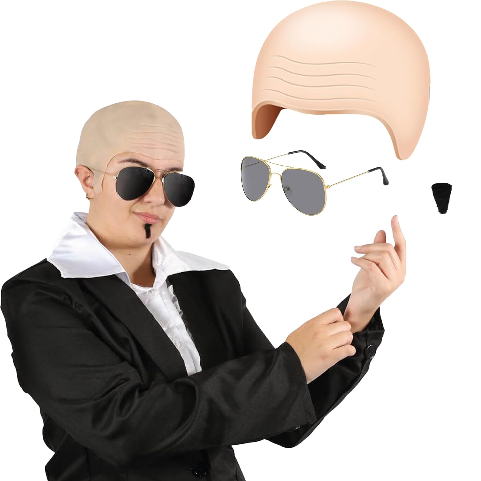 JTENGYAO Adults Mr Worldwide Accessory Set, Nude Bald Cap, Black Sunglasses, Black Soul Patch, Adults Mr Worldwide Accessory for Music
