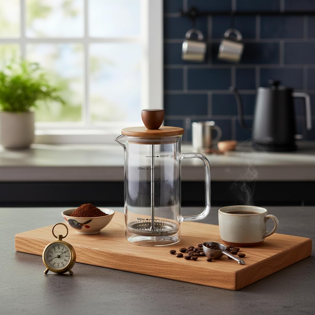 Deconox Akasya Ahşap Kapaklı Borosilikat Cam French Press - Ölçü Çizgili Kahve ve Çay Demliği (350ml ve 600ml Boy Seçenekli) (600ML)